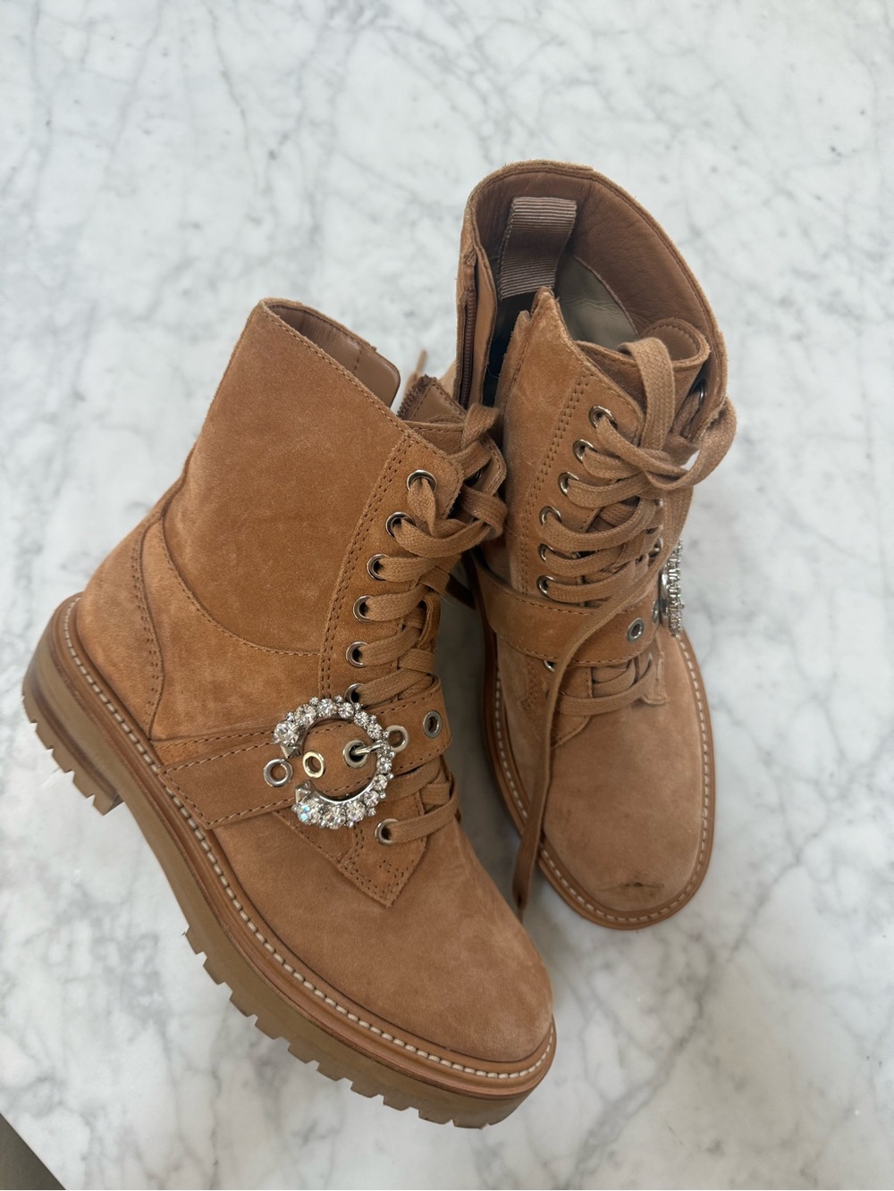 Jimmy Choo Tan Suede Lace-Up Combat Boots with Crystal Buckle size 36
